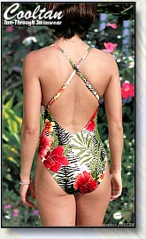Back view of structured top 1pc suit with adjustable criss cross back straps