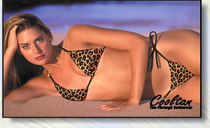 Cooltan, the swimwear you tan through. No more bikini tan lines with Cooltan tan through swimwear. Click here to see close-up of this tan-through fabric color..